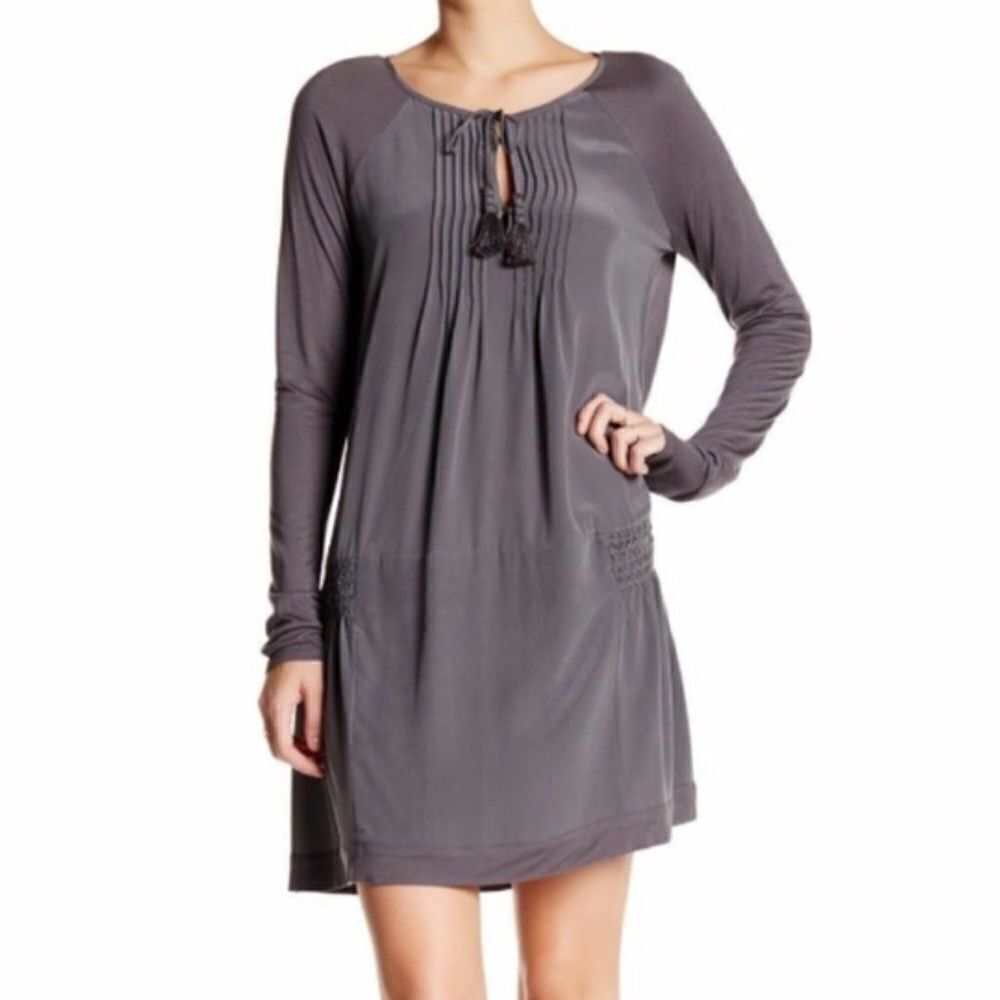 Calypso St. Barth Dark Grey Silk Boho Short Dress with Tassels